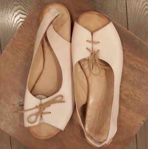 Bueno Cream Open-Toe Slingback Flats with Bow Accent